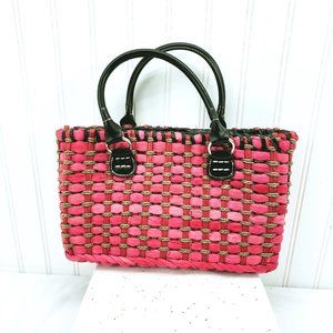 Vintage Liz Clairborne Woven Braided Corn Husk and Paper Pink Handbag
